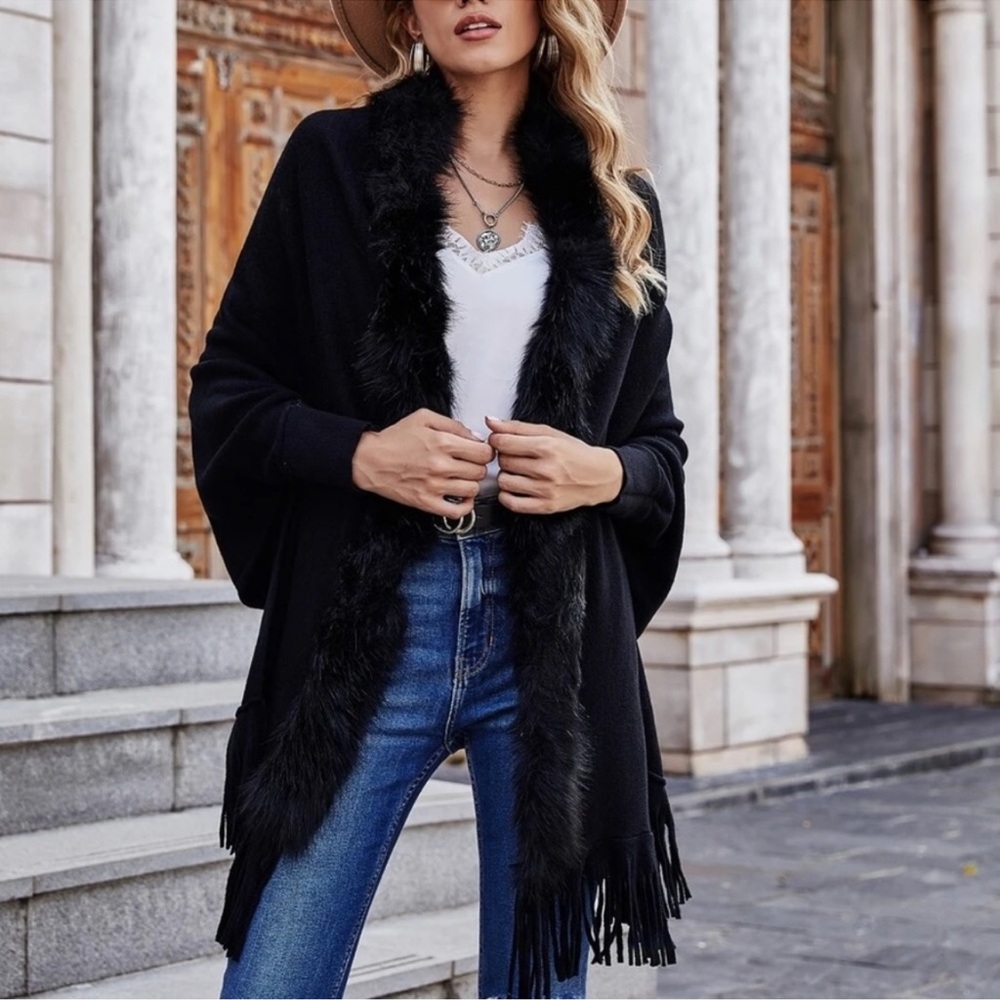 Black Cozy Vegan Fur Tassel Hem Cardigan One Size